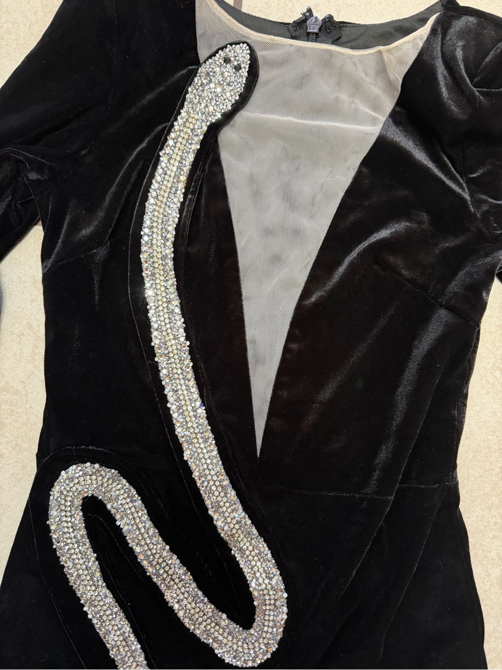 Black Velvet Rhinestone Swirl snake Illusion Plunge Mini Dress Size 4 - Picture 7 of 11